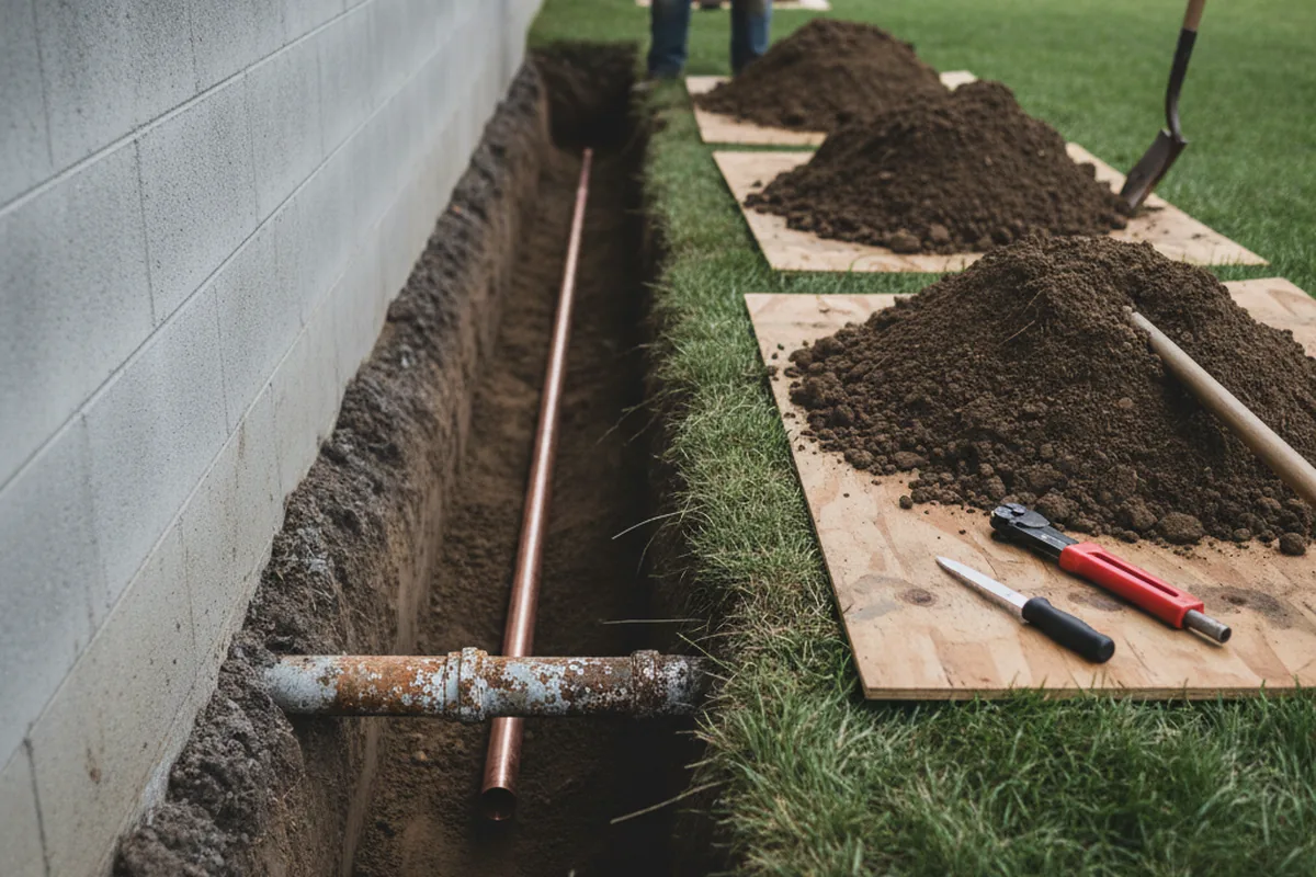 Excavated water line trench during Sewer Line Repair in Soulsbyville